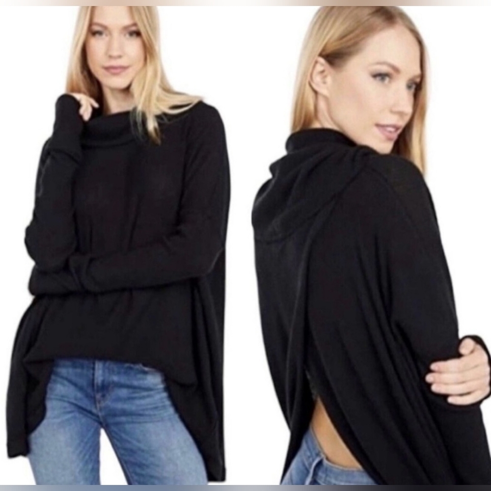 Free people Juicy Long Sleeve Waffle Knit Top Split Back in Black Small